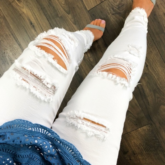 Monika Rose SF Denim - White Distressed Crochet Trim Jeans